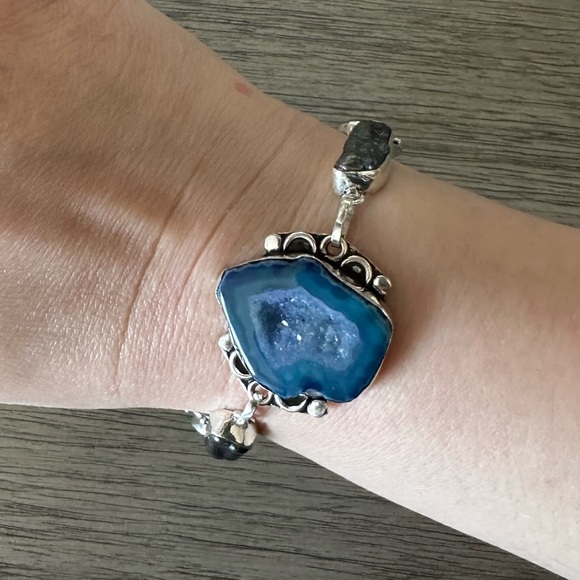 0191 Solar Agate Blue Topaz Handmade Bracelet Silver Gemstone Jewelry - Picture 9 of 11